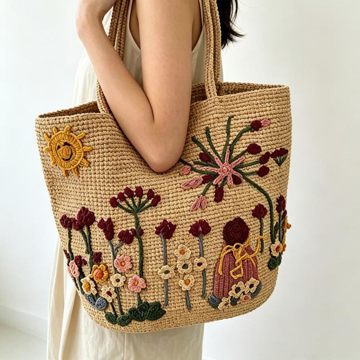 Handmade straw bag with floral embroidery design Stornfield