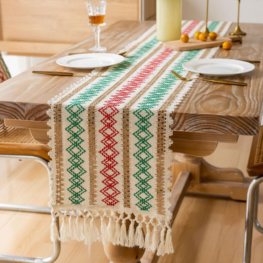 Handwoven Cotton Table Runner with Red Geometric Heart Stripe and Knotted Tassel Fringe