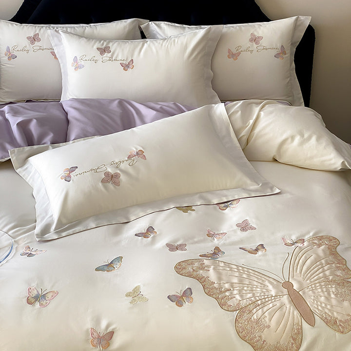 Embroidered Satin Butterfly Duvet Cover Set with Reversible Lilac Sateen and Pillow Shams