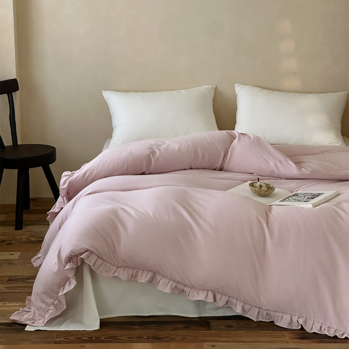 Washed Soft-Touch Ruffled-Hem Cotton-Linen Blend Duvet Cover Set with Hidden Corner Ties