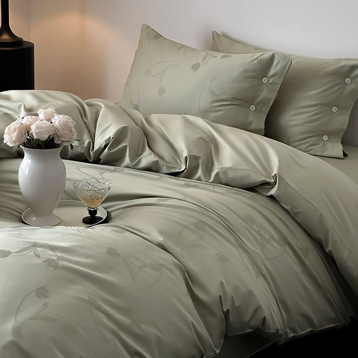 Premium duvet cover set made of cotton satin with tonal floral jacquard and button closure
