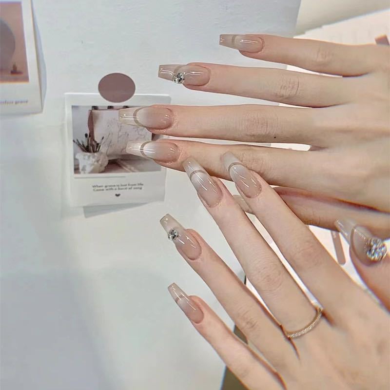 Artful French Tip Art Nails with Rhinestone Accents Stornfield