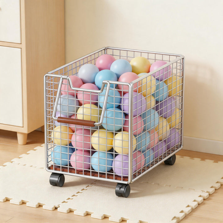 Rolling Metal Mesh Storage Basket with Wooden Handle and Locking Casters
