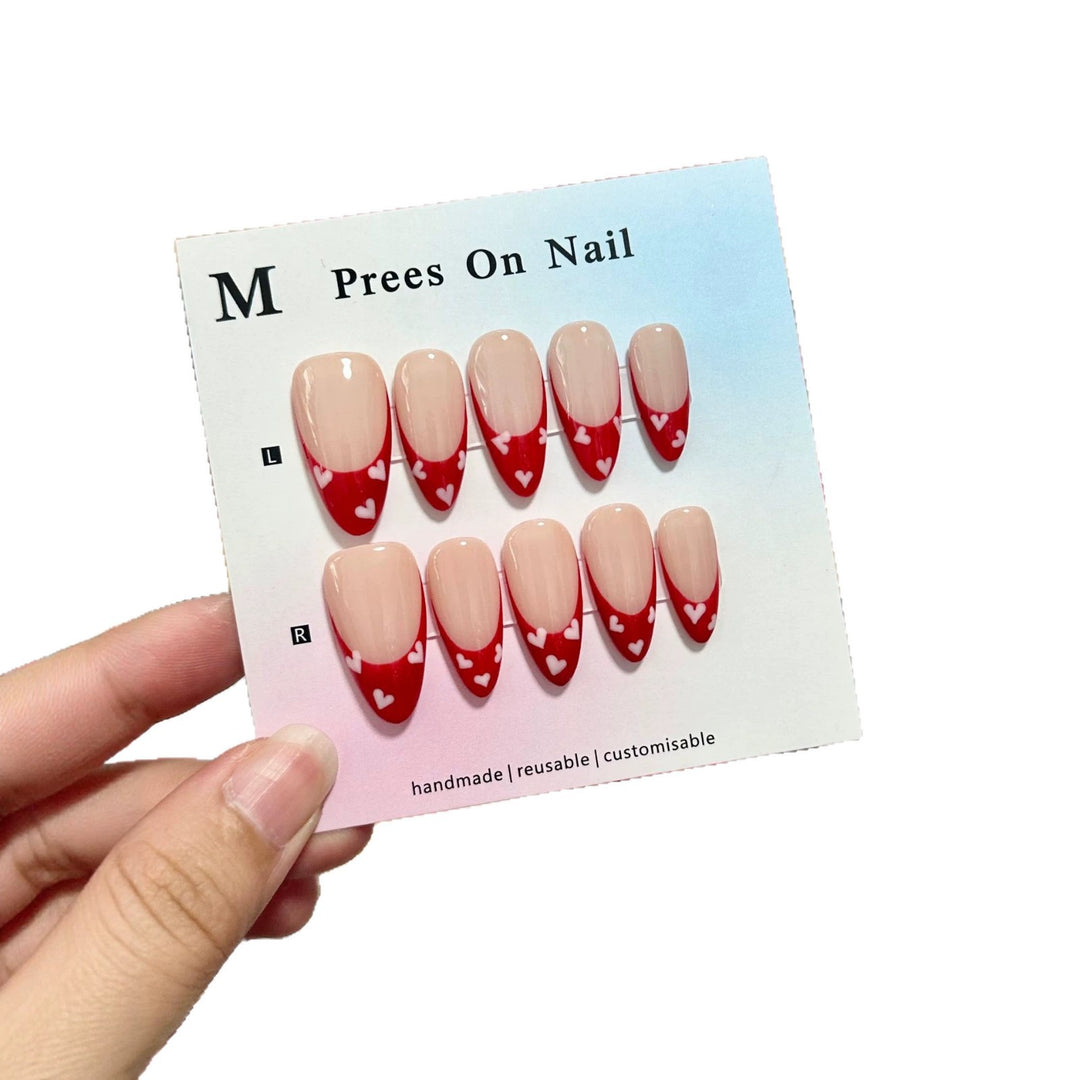 Handmade Press-On Nail Set with Heart Pattern