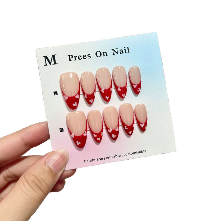 Handmade Press-On Nail Set with Heart Pattern