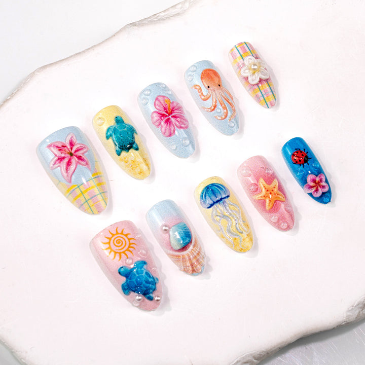 Artistic 3D Ocean-Inspired Press-On Nail Art Set Stornfield