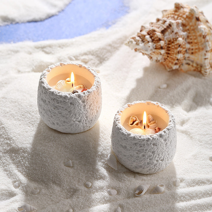 Hand-Poured Seashell-Embedded Textured Ceramic Tealight Candle