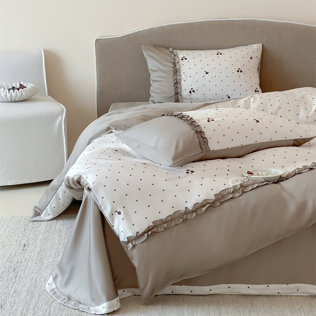 Polka Dot & Cherry Cotton Sateen Duvet Cover Set with Ruffled Hem and Reversible Back