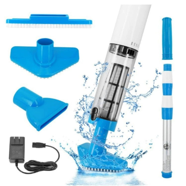 Rechargeable handheld pool vacuum kit with interchangeable brush heads and telescopic pole Stornfield