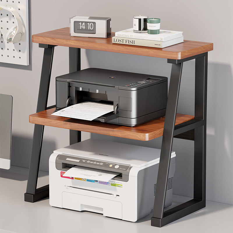 Adjustable Two-Tier Wood-Top Metal-Frame Desktop Printer Stand with Cable Management