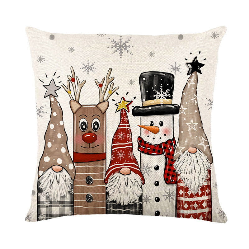 Decorative Holiday Linen-Texture Cushion Cover with Gnome Reindeer Snowman Illustration