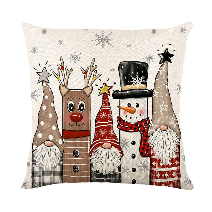 Decorative Holiday Linen-Texture Cushion Cover with Gnome Reindeer Snowman Illustration