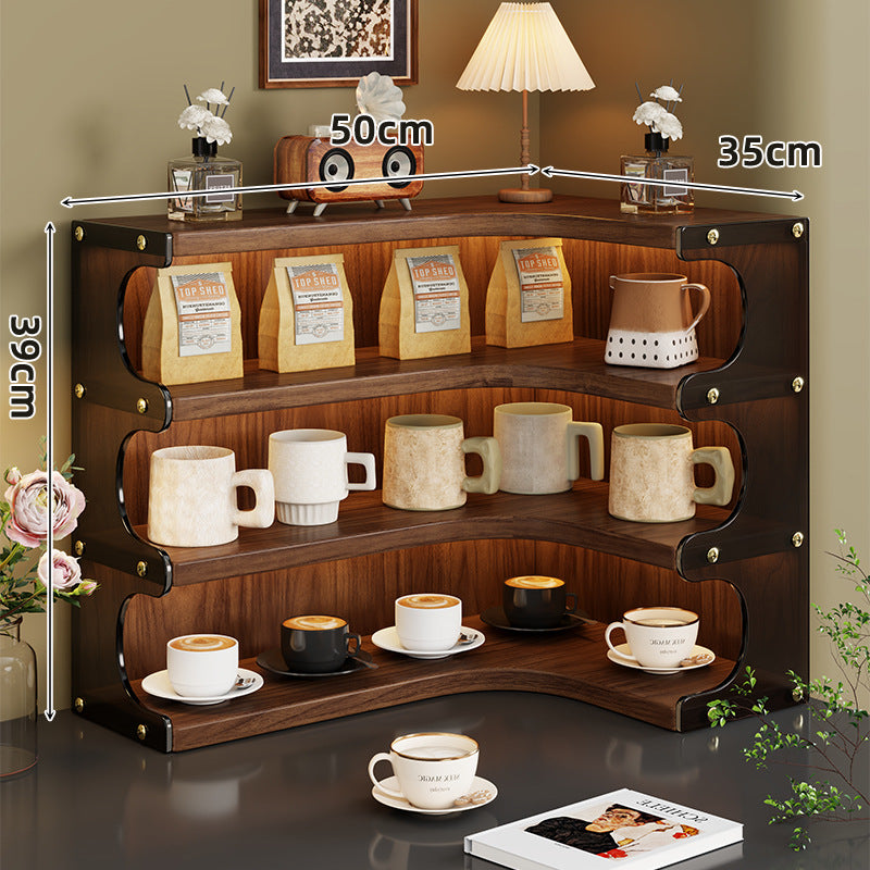 Corner Triple-Tier Wooden Countertop Display Shelf Organizer with Curved Shelves and Brass Accents