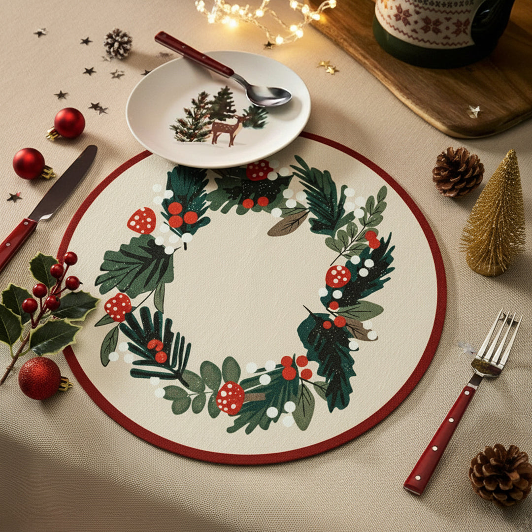 Round wipeable placemat with Christmas wreath and tartan print