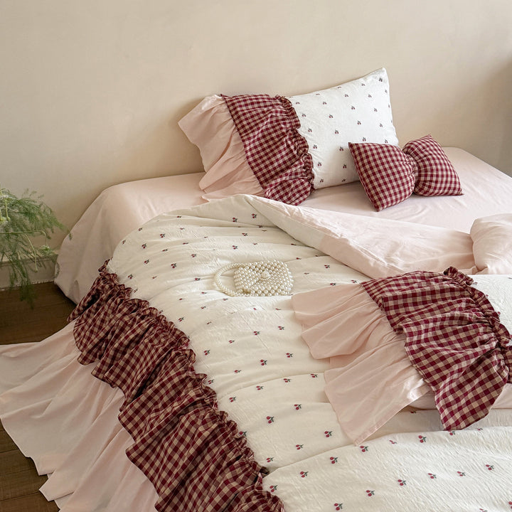 Ruffled Gingham-Trim Cotton Duvet Cover Set with Bed Skirt and Decorative Pillow Shams