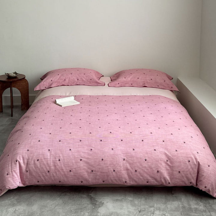 Embroidered Linen-Feel Reversible Duvet Cover Set with Mini Dot Stitching
