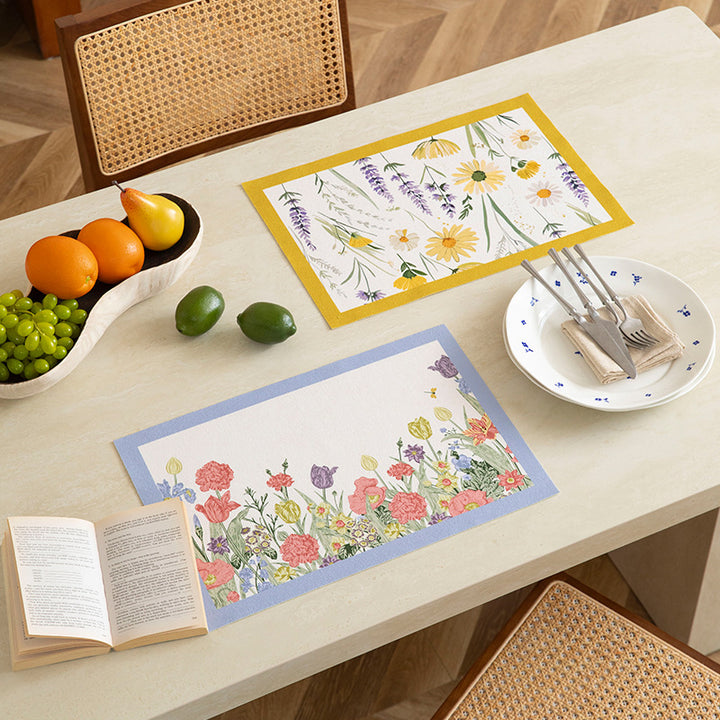 Flat woven runner and doormat with watercolor wildflower pattern