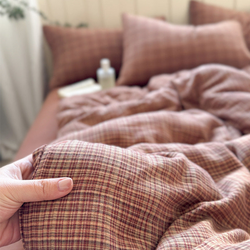 Bedding set made of cotton gauze with fine check pattern and washed vintage finish