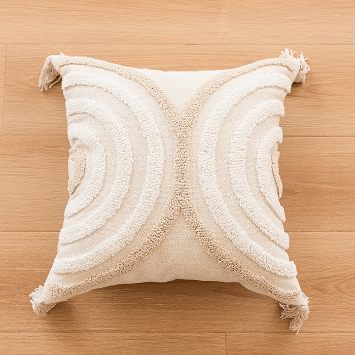 Decorative Tufted Concentric Circle Cotton Throw Pillow Cover with Corner Tassels and Hidden Zipper