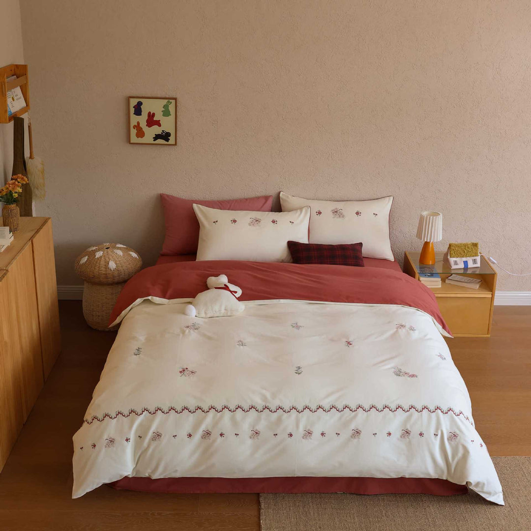 Embroidered Scalloped Lace Duvet Cover Bedding Set with Ruffle-Trim Decorative Pillow