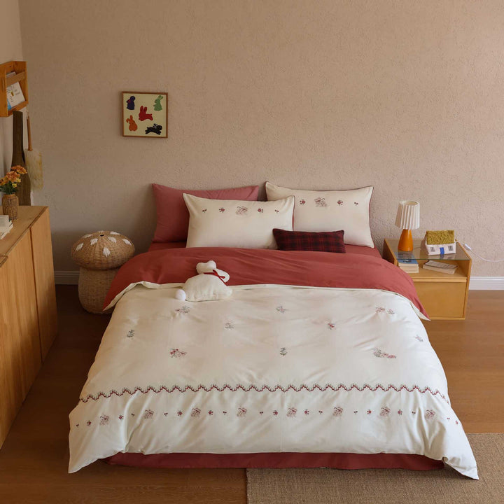 Embroidered Scalloped Lace Duvet Cover Bedding Set with Ruffle-Trim Decorative Pillow