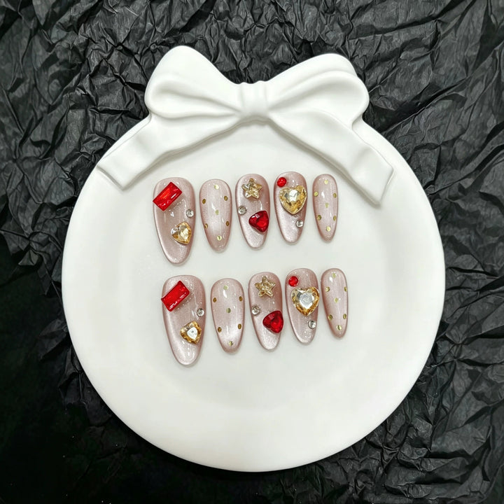 Artistic Press-On Nail Set with Glamorous Gem Accents