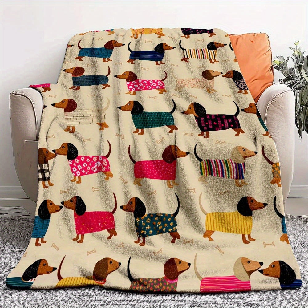 Soft Cartoon Dachshund-Themed Fleece Blanket