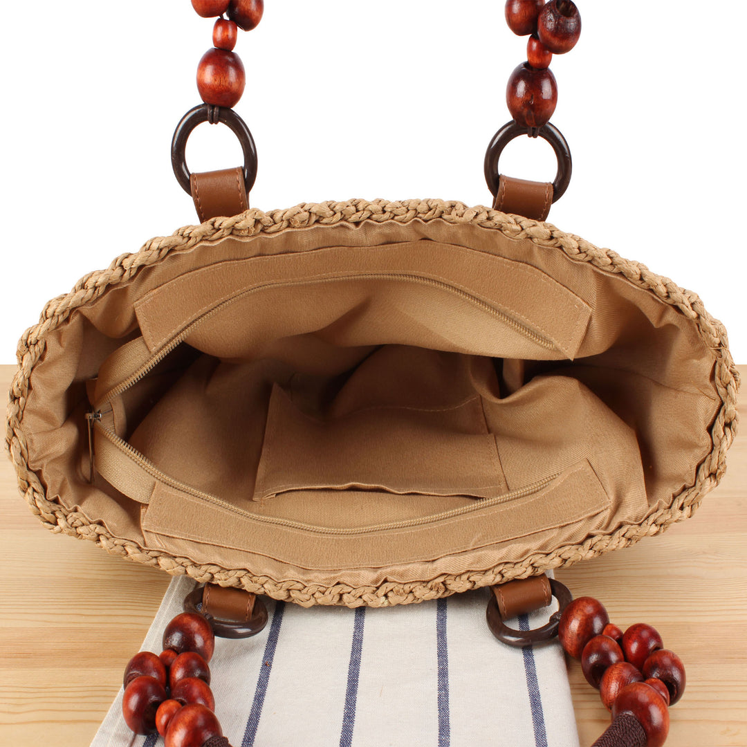 Basket bag with elegant wooden handles and textured surface Stornfield