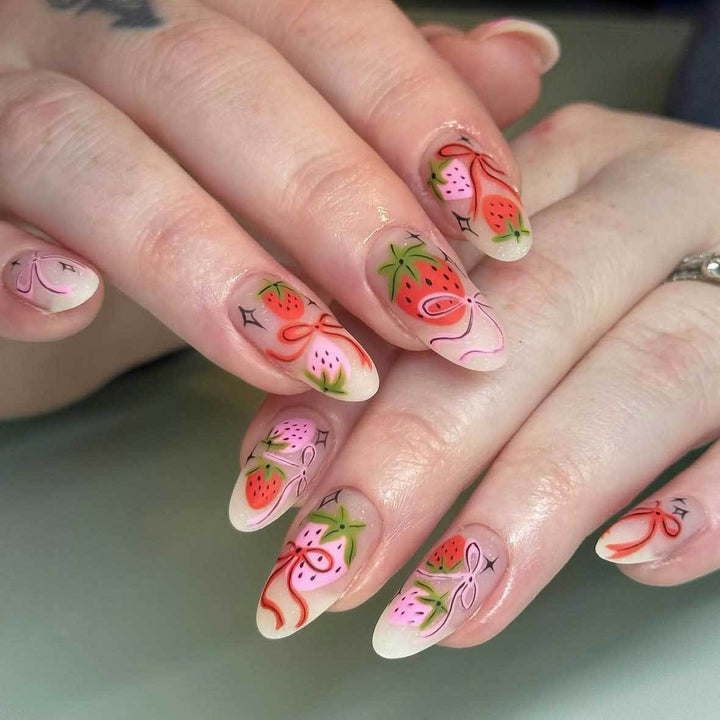Strawberry-Themed Hand-Painted Nail Art