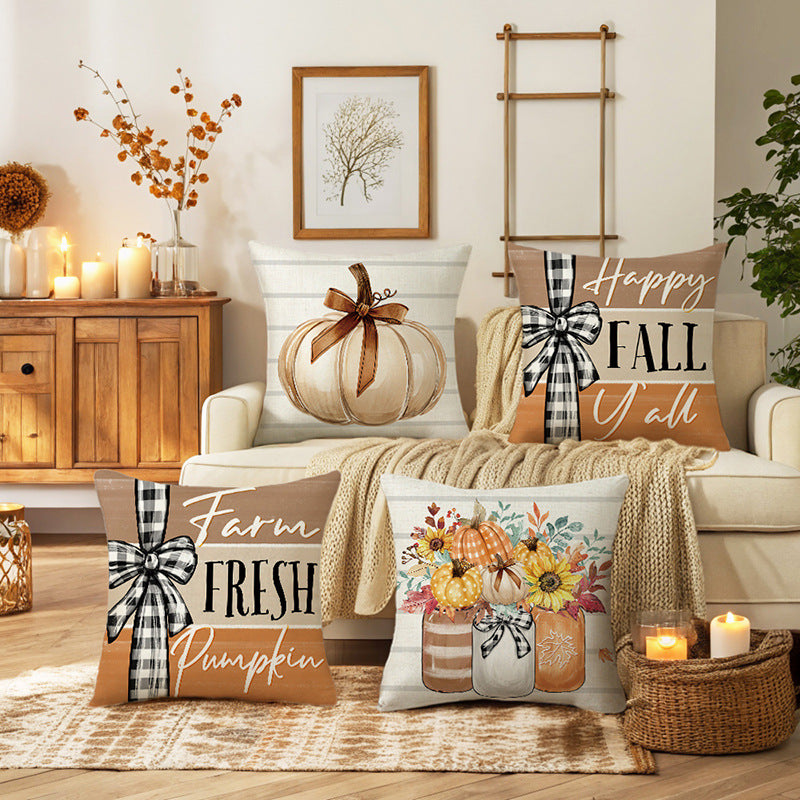 Rustic Farmhouse Autumn Pumpkin Linen-Cotton Throw Pillow Cover with Buffalo Check Bow Print