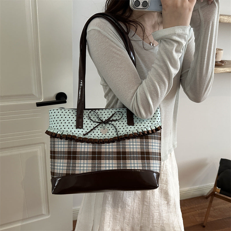 Plaid Tote with Ruffle Accent