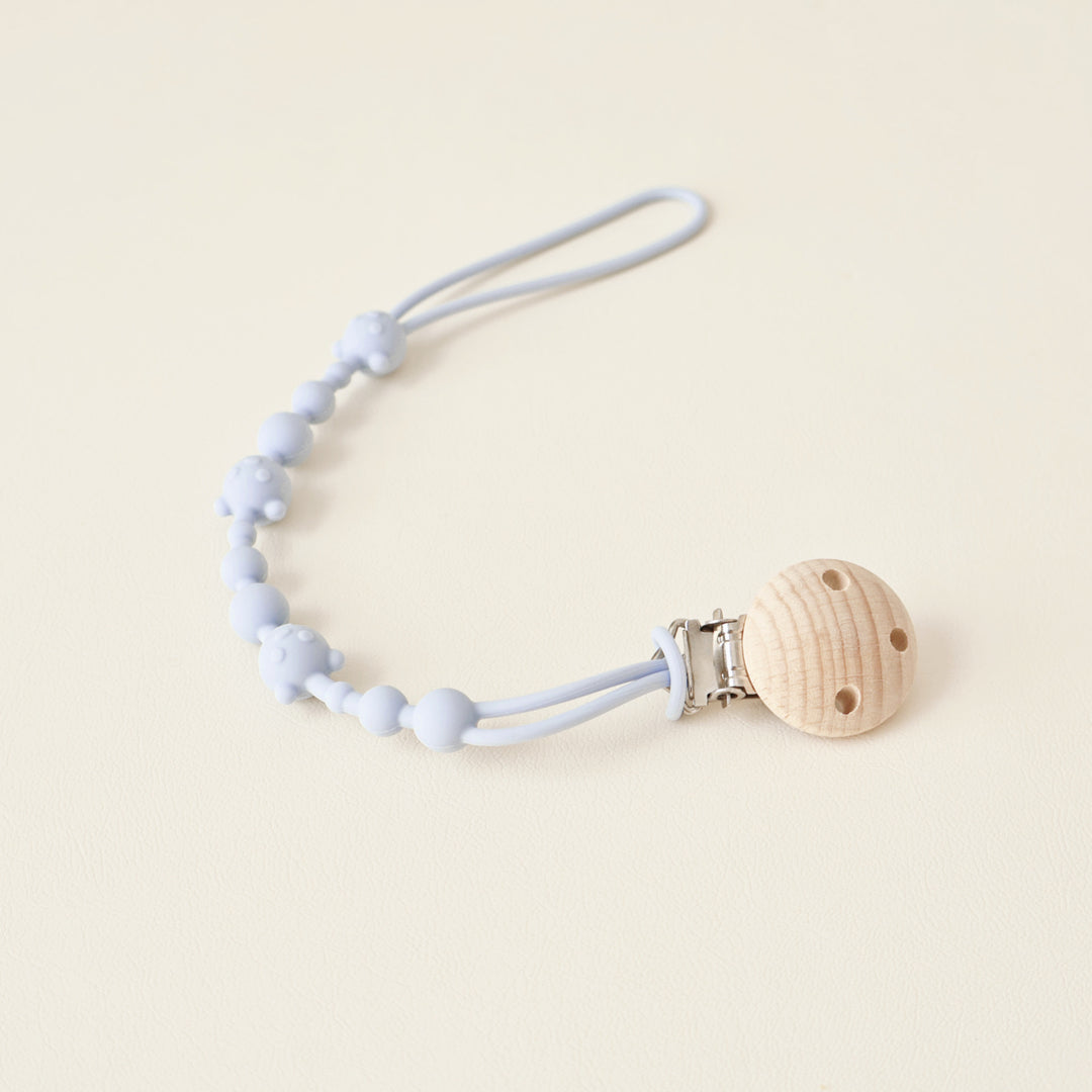 Silicone Beaded Pacifier and Teether Clip with Wooden Safety Clip
