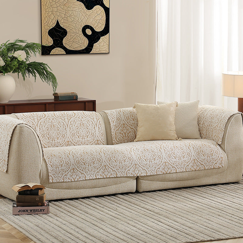 three-seater sofa with removable jacquard protective covers and curved armrests