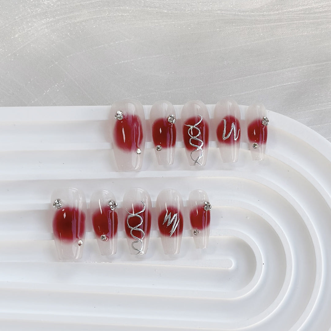 Artistic Press-On Nail Set with Decorative Gems