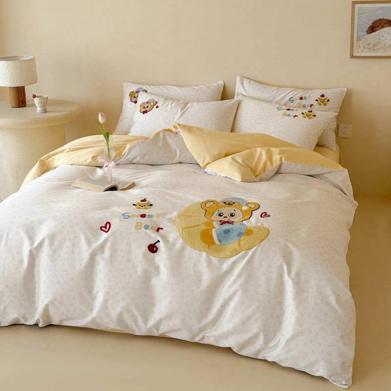 Cartoon Teddy Appliqué Cotton Sateen Duvet Cover & Sham Set