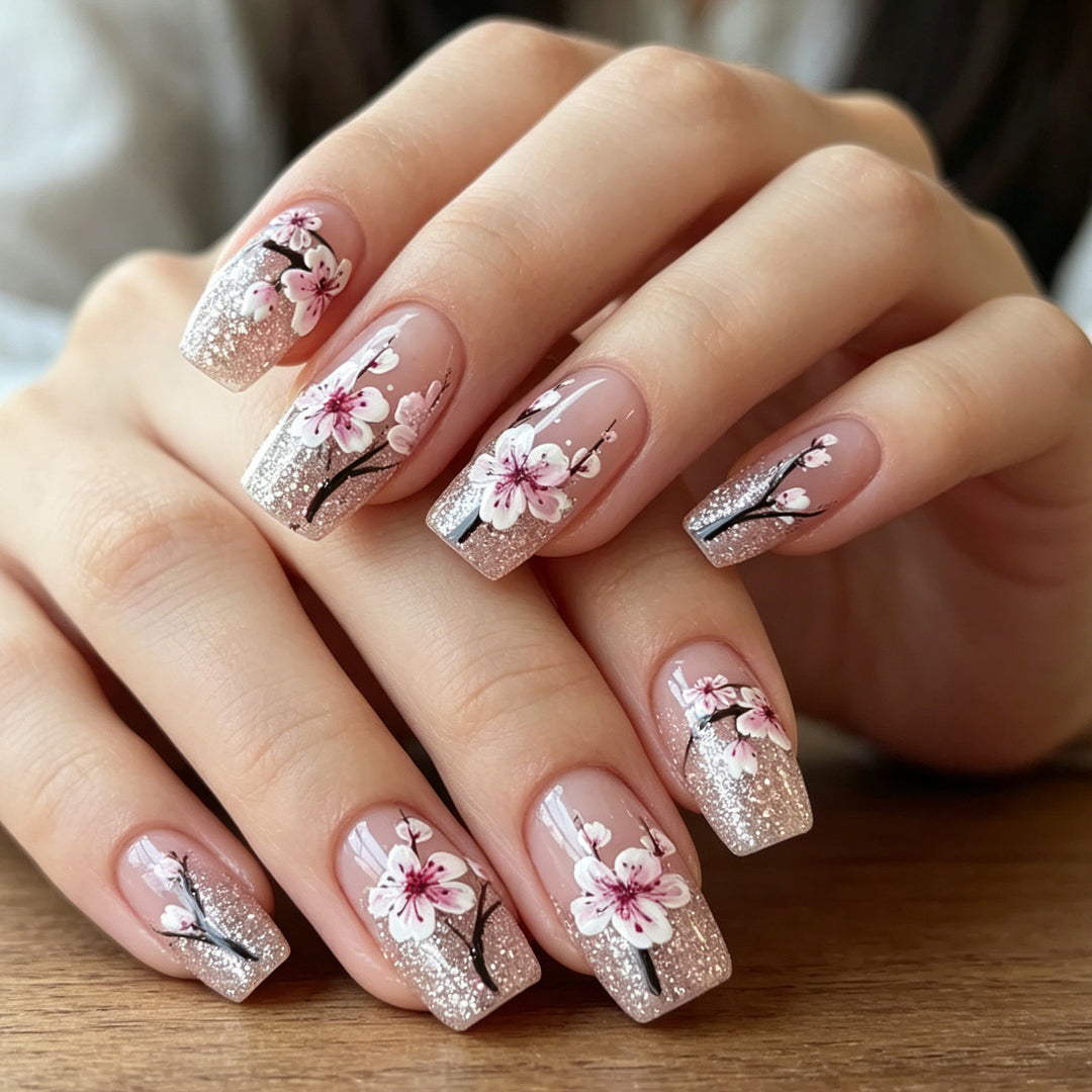 Floral Glitter Acrylic Nail Enhancements Stornfield