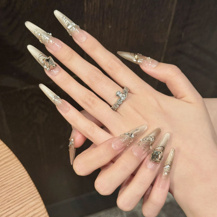 Elegant Almond-Shaped Press-On Nail Art Set with Rhinestone and Glitter Accents
