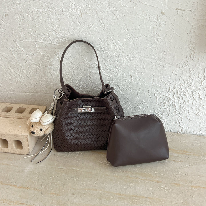 Woven Leather Bucket Tote Bag