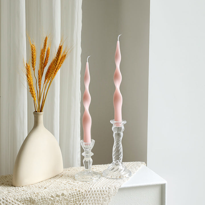 Hand-Poured Sculptural Wave Taper Candle Set with Crystal Glass Holders