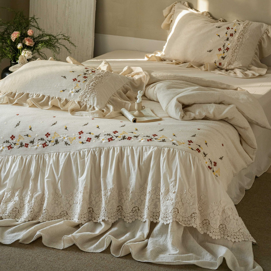 Embroidered Linen Ruffled Bedspread Set with Lace Trim