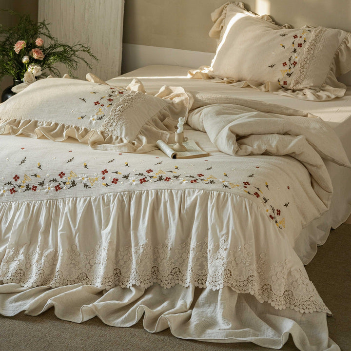 Embroidered Linen Ruffled Bedspread Set with Lace Trim