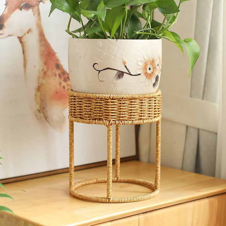 Unisex Modern Plant Stand with Woven Basket and Metal Frame Stornfield