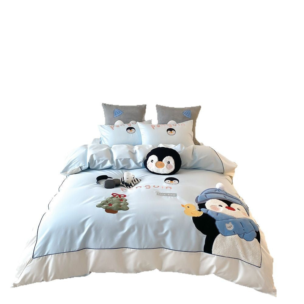 Children's Penguin Appliqué Duvet Cover Set with Plush Accent Pillow