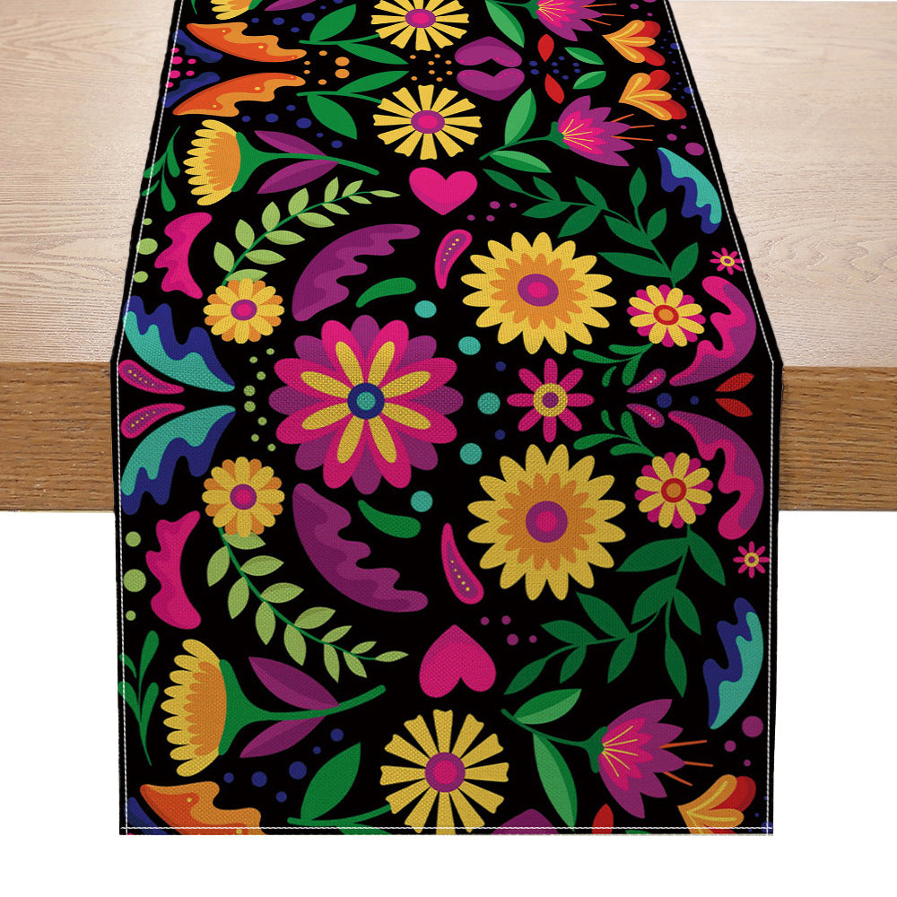 Folk Floral Table Runner Cotton-Blend Decorative Table Linen