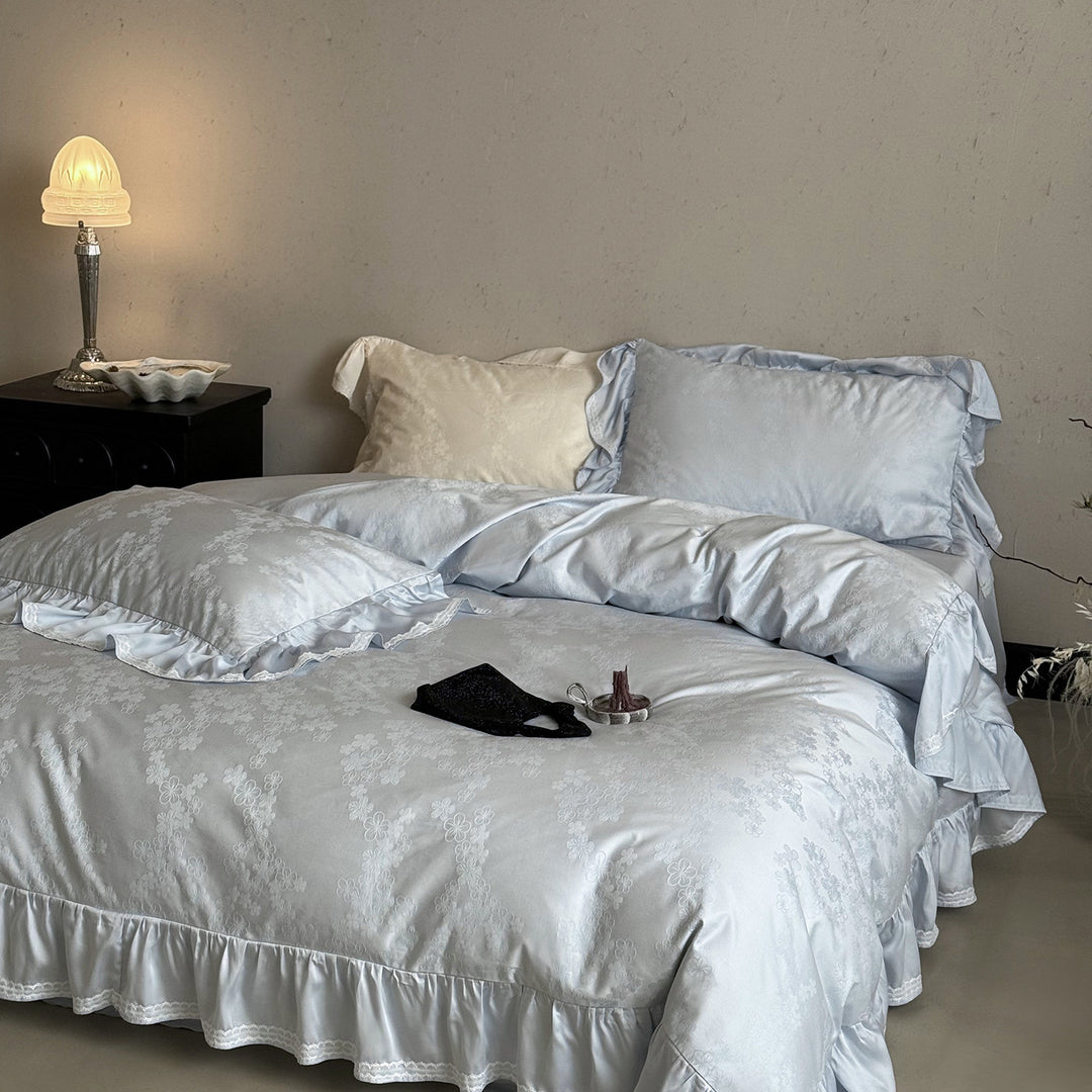 Luxury Ruffled Jacquard Satin Duvet Cover Set
