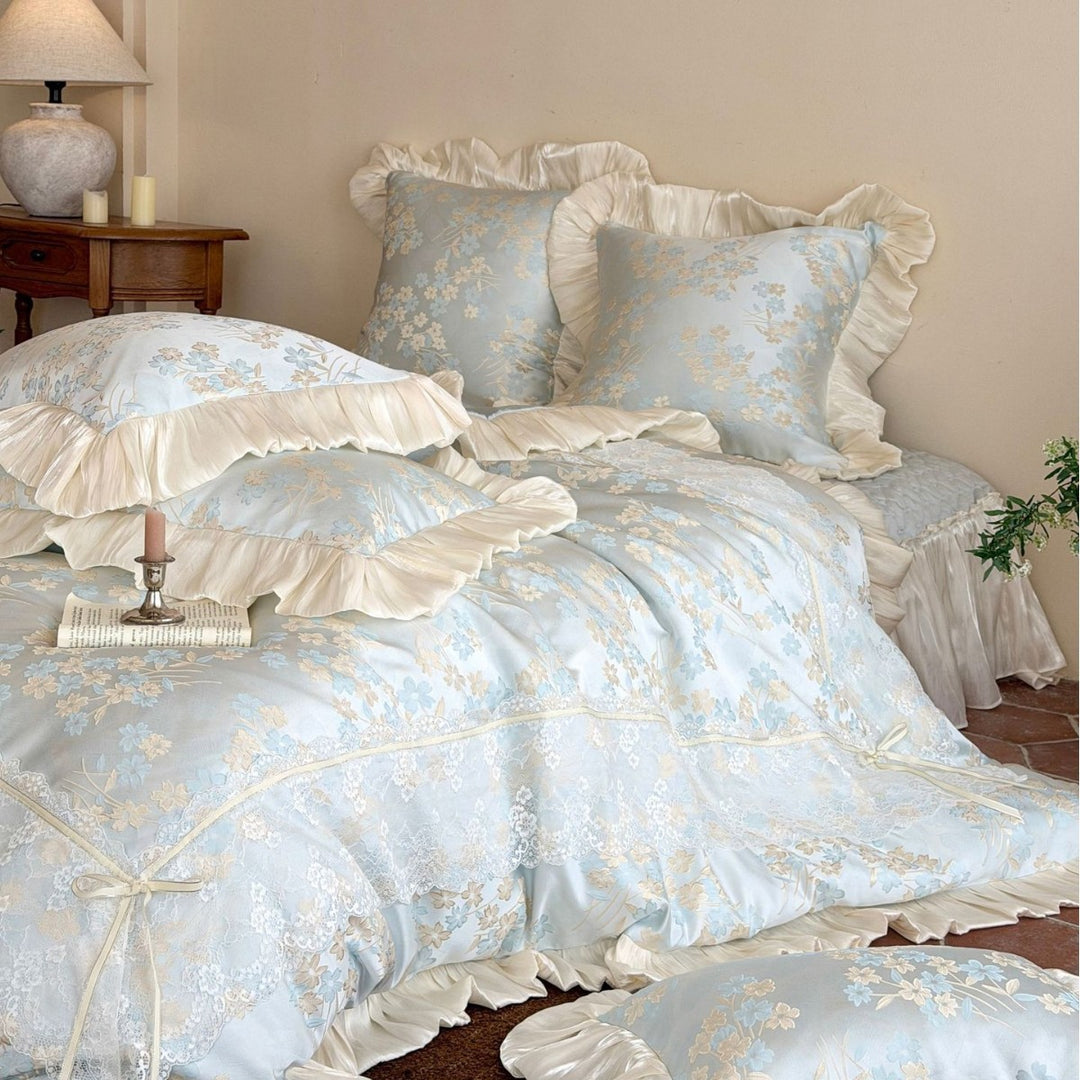 Ruffled Jacquard Floral Satin-Trim Duvet Cover & Sham Set