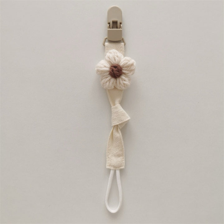 Organic Cotton Pacifier Leash with Quick-Release Clip and Hand-Knit Flower