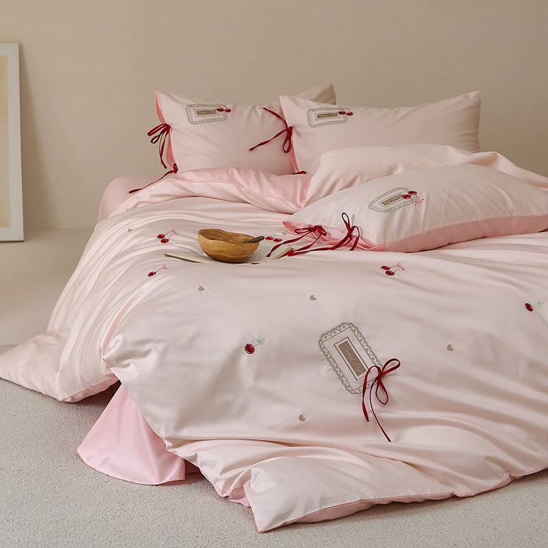 Embroidered Cherry Motif Cotton Percale Duvet Cover Set with Ribbon-Tie Pillow Shams