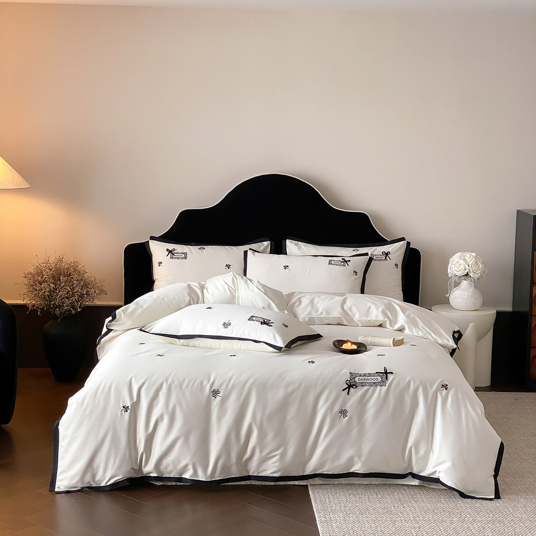 Embroidered Cotton Sateen Duvet Cover Set with Contrast Piped Edge and Ribbon Appliqué