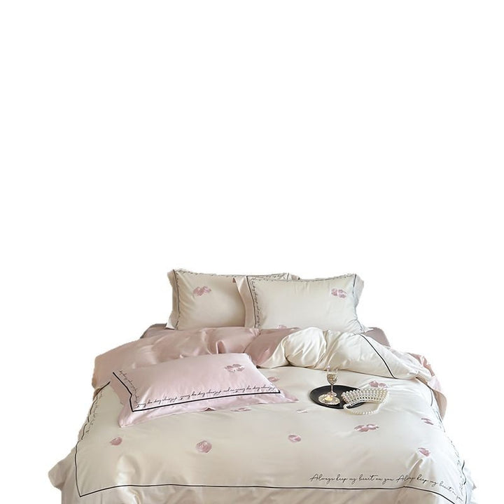 Reversible Silk-Feel Petal-Print Duvet Cover Set with Script-Edge Pillow Shams